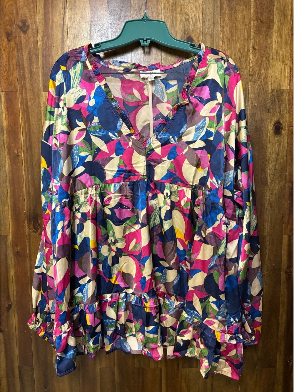 Umgee Floral Babydoll Tunic Top Large Colorful Boho Cottagecore Ruffle Hem